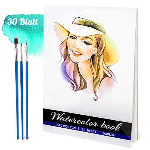 papel de dibujo,30 hojas Bloc papel de dibujo 300gsm A4 Papel para acuarela,Libre de ácido Prensado en frío Acuarela de Papel para acuarela y técnica mixta, blanco