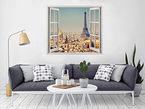 Pegatinas 3D Vinilo Ventana Varias Medidas 150x130cm | Adhesivo Incluido | Decoracion Habitación |Paris, Torre Eiffel Vista panoramica Diseño Elegante |