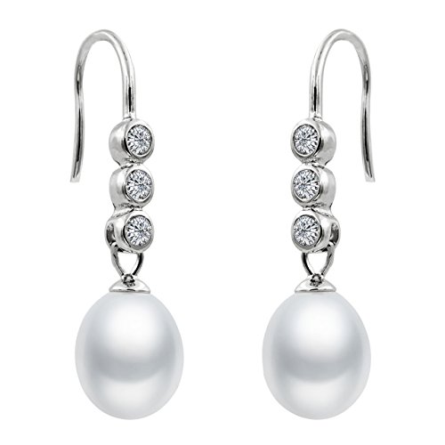 Pendientes de Mujer de Perlas Cultivadas de Agua Dulce tipo Gota de Agua de 7-8 mm Blancas con Tres Circonitas SECRET & YOU - Pendientes de Plata de Ley Rodiada de 925 milésimas