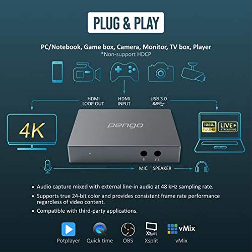 Pengo 4K HDMI Pass-Through Grabber, Game Capture, Capturadora De Video USB Type-C 3.0 a 1080p, Sin Controlador, Sin Demora, para Mac/Win, Xbox PS4 Switch (Titanium-Metalico) (No HDCP-No 1080i)