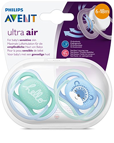 Philips Avent SCF342/22 - Pack con 2 chupetes Ultra Air decorados, de 6 a 18 meses, niño, color azul y verde decorado