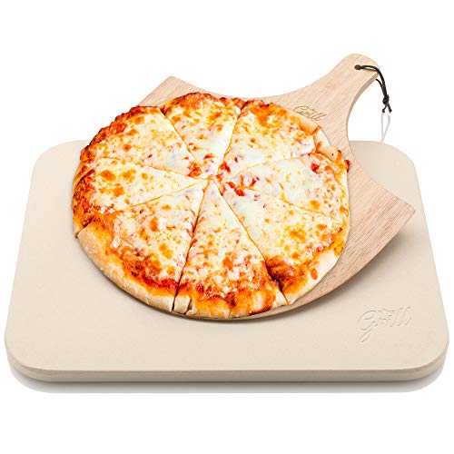 Piedra de Pizza para Horno y Parrilla con Tabla de Madera Hans Grill| Larga Duración, Buen Espesor y de Madera Real, Rectangular y Fácil de Manipular | Apta para Tartas, Pasteles, Pan, Calzones, y Más