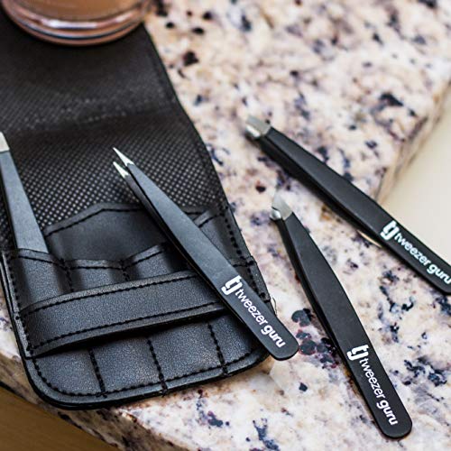 Pinzas de Depilar Profesionales Tweezer Guru Para Cejas (Set de 4) – Pinza Punta Acero Inoxidable – Gran Precisión para Pelos Faciales, Pelos Encarnados, Espinillas y Astillas (Negro)