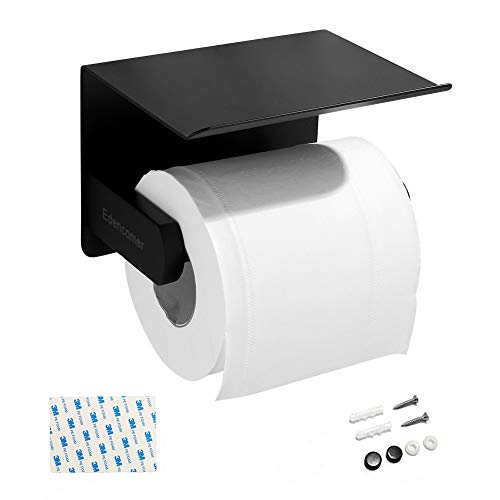 Portarrollos Baño Acero Inoxidable SUS 304, Portarrollo para Papel Higiénico Adhesivo con Teléfono Inteligente Estante (Negro)