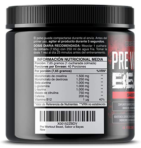 Pre Workout Beast (Sabor Frutas del Bosque) - Suplemento Potente pre-Entreno con Creatina, Cafeína, Beta-Alanina y Glutamina (Envase de 306 Gramos - 40 Porciones)