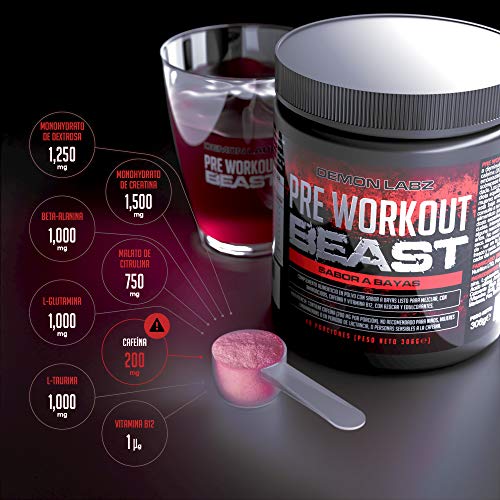 Pre Workout Beast (Sabor Frutas del Bosque) - Suplemento Potente pre-Entreno con Creatina, Cafeína, Beta-Alanina y Glutamina (Envase de 306 Gramos - 40 Porciones)