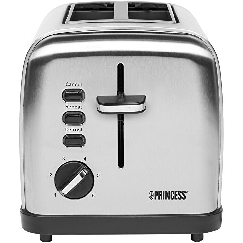 Princess 142354 - Tostadora con dos ranuras, 850 W, 6 grados de tostado, Función de descongelado, Bandeja para migas extraíble, Acero inoxidable, Color Plata