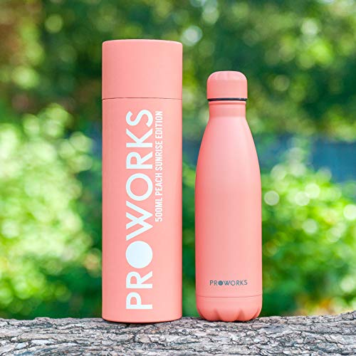 Proworks Botellas de Agua Deportiva de Acero Inoxidable | Cantimplora Termo con Doble Aislamiento para 12 Horas de Bebida Caliente y 24 Horas de Bebida Fría - Libre de BPA - 500ml – Melocotón