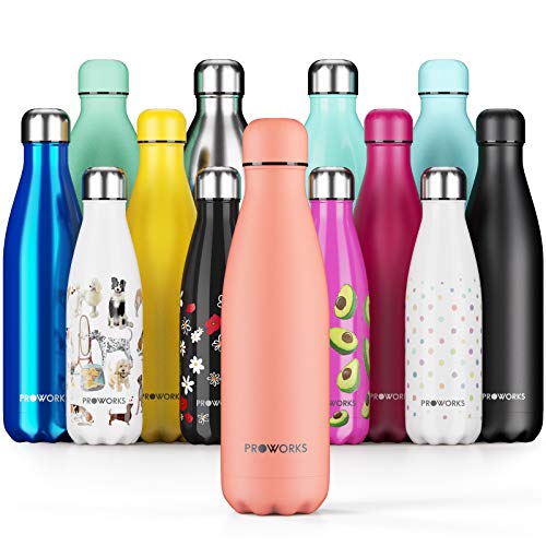 Proworks Botellas de Agua Deportiva de Acero Inoxidable | Cantimplora Termo con Doble Aislamiento para 12 Horas de Bebida Caliente y 24 Horas de Bebida Fría - Libre de BPA - 500ml – Melocotón