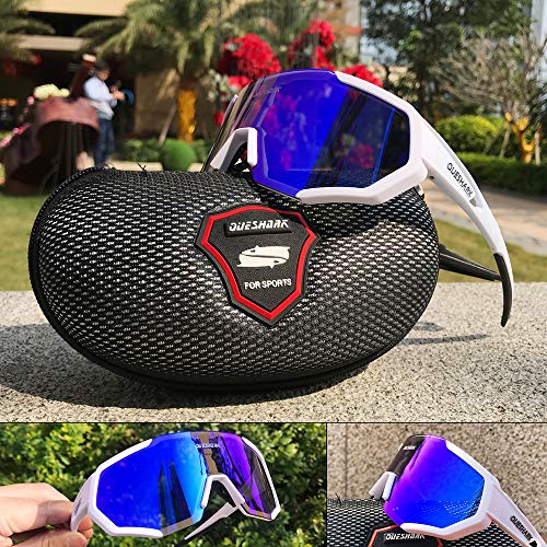 Queshark Gafas De Sol Polarizadas para Ciclismo con 3 Lentes Intercambiables UV400 MTB Bicicleta Montaña (Blanco)