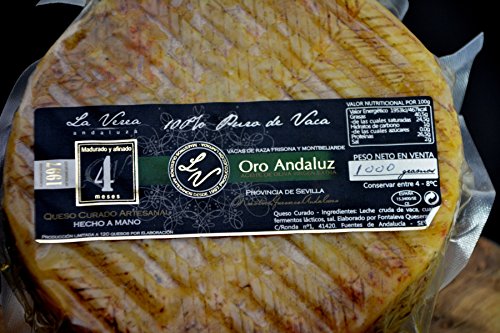 Queso CURADO Artesano (Leche Cruda de Vaca) Sabor único. Pieza entera 1Kg. aprox - La Verea Andaluza Serie "Oro Andaluz" . Corteza natural protegida con Aceite Oliva Virgen Extra