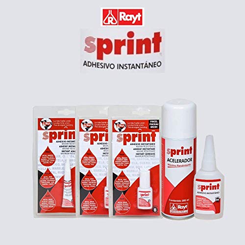 Rayt 607-99 Kit Adhesivo instantáneo de cianoacrilato, uniones rápidas y súper Resistentes en Segundos. Plástico, Caucho, Goma, Metales, Porcelana + Sprint Acelerador tapaporos, 50gr