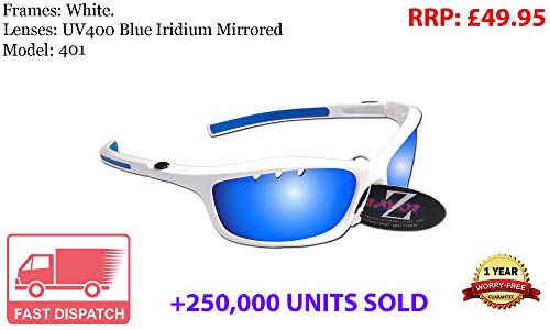 Rayzor - Gafas de sol deportivas ligeras para correr, antideslumbrantes, para hombres y mujeres, protección UV 400 con marcos inastillables, ., Blanco - Azul Iridium Mirrored (401)