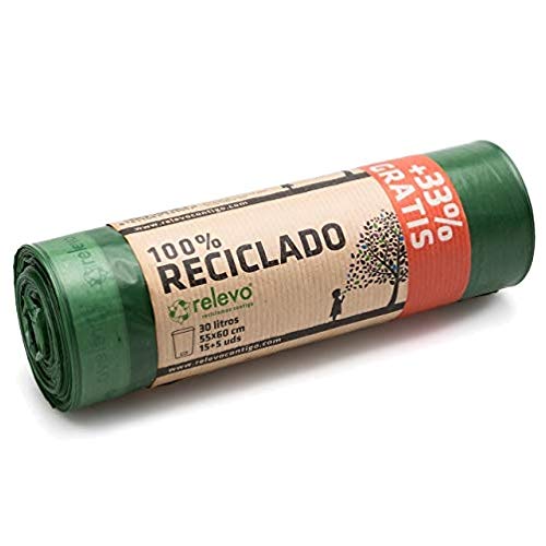 Relevo 100% Reciclado Bolsas de Basura, extra resistentes 30 L, 20 bolsas