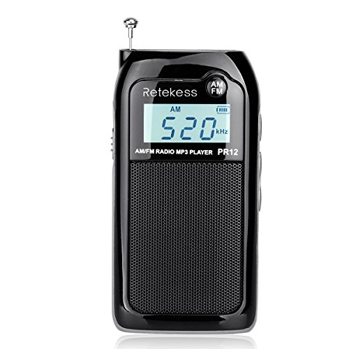 Retekess PR12 Am FM Radio de Bolsillo Sintonización Digital Mini Transistor Portátil DSP Reproductor MP3 Soporte para Tarjeta SD con Batería Recargable (Negro)