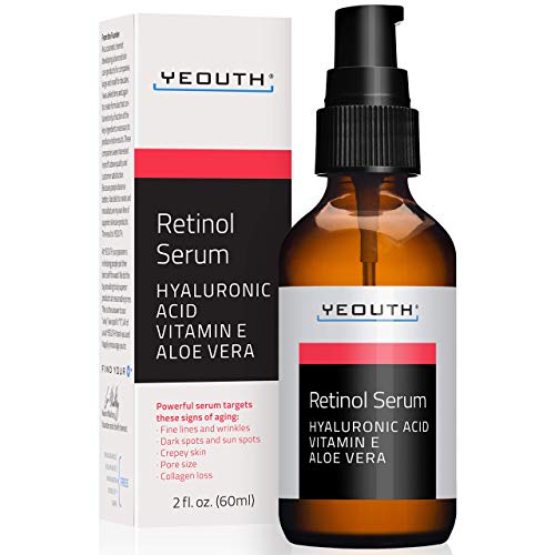 Retinol Serum 2.5% con ácido hialurónico, Aloe Vera, Vitamina E - Aumenta la producción de colágeno, Reduce arrugas, líneas finas - 1 oz - Yeouth (2oz)