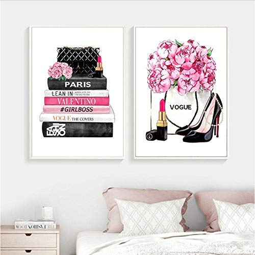 Revista de Moda Impresiones de Arte de Pared Tacones Altos y lápiz Labial Vogue Picture Poster Pink Flowers Canvas Painting Girls Room Home Decor 40x60cmx2 sin Marco