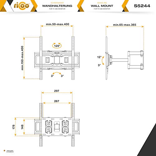 RICOO S5244, Soporte TV Pared, Giratorio, Inclinable, Televisión 32-55" (81-140cm), Brazo Universal, Televisor LED LCD Curvo, VESA 200x200-400x400