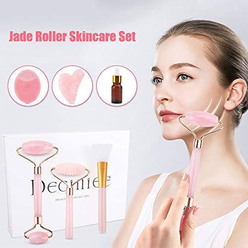 Rodillo de jade Deciniee, rodillo facial con juego de regalo de Gua Sha, juego de 6 piezas, herramienta de masaje de piel 100% natural de cuarzo rosa, rodillo facial para adelgazar y reafirmar rosa