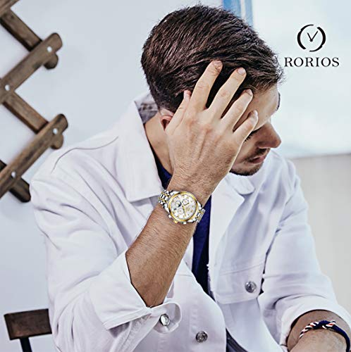 RORIOS Hombres Automático Mecánico Relojes de Pulsera Roman Number Business Acero Inoxidable Band Day Calendario Multifunción