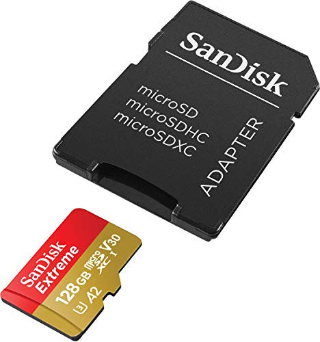 SanDisk Extreme - Tarjeta de memoria microSDXC de 128 GB con adaptador SD, A2, hasta 160 MB/s, Class 10, U3 y V30