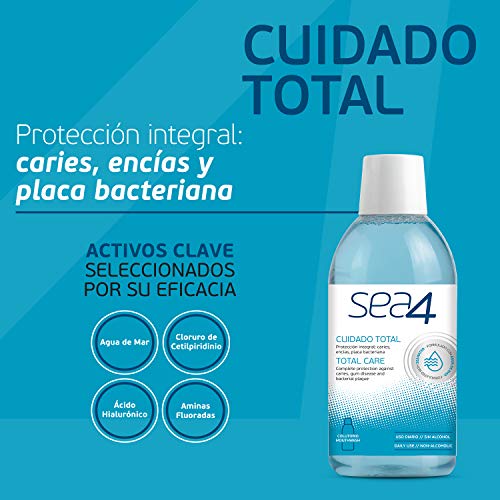 Sea4 Colutorio Cuidado Total Uso Diario, Protección Integral Anticaties, Antiplaca Bacteriana y Protección Encías, Formulado con Agua de Mar, Sin Alcohol, 500 ml, Azul (306308)