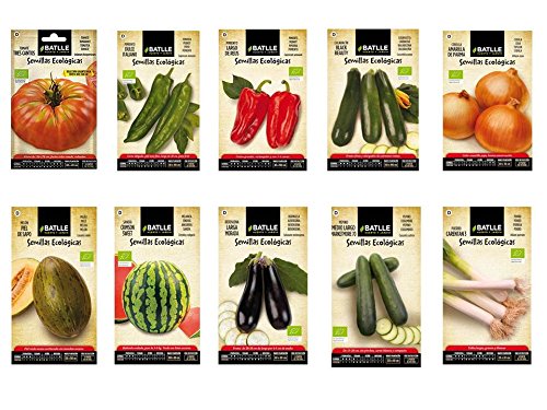 Semillas ECOLÓGICAS huerto lote 10 sobres (Tomate, Pimiento italiano, Pimiento rojo, Berenjena, Calabacin, Cebolla, Pepino, Melón, Sandía, Puerro)