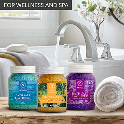 Set Sales de Baño 3x400g con Aceite 100% Natural Lavender - Ylang-Ylang - Sea Breeze - Mejor para Buen Sueño - Alivio del Estrés - Baño - Cuidado Corporal - Bienestar - Belleza - Relajación - Spa