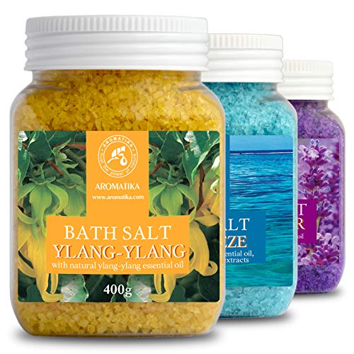 Set Sales de Baño 3x400g con Aceite 100% Natural Lavender - Ylang-Ylang - Sea Breeze - Mejor para Buen Sueño - Alivio del Estrés - Baño - Cuidado Corporal - Bienestar - Belleza - Relajación - Spa