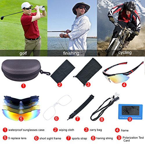 ShareWe Gafas de Ciclismo Unisex Gafas de Sol de Deportivas Polarizadas 5 Lentes Intercambiables para Deporte y Aire Libre Ciclismo Conducir Pesca Ski Esquiar Golf Correr (Negro + Rojo)