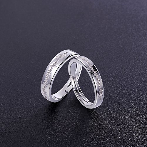 SHEGRACE Par de Anillos de Pareja en Plata de Ley 925 con Grabado Esmerilado y Anillos de Compromiso de Circonio 3A, Ajustables, Regalo para Amantes