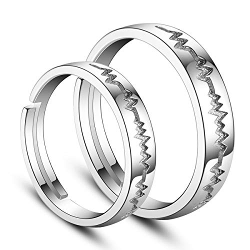 SHEGRACE Par de Anillos de Pareja en Plata de Ley 925 con Grabado Esmerilado y Anillos de Compromiso de Circonio 3A, Ajustables, Regalo para Amantes