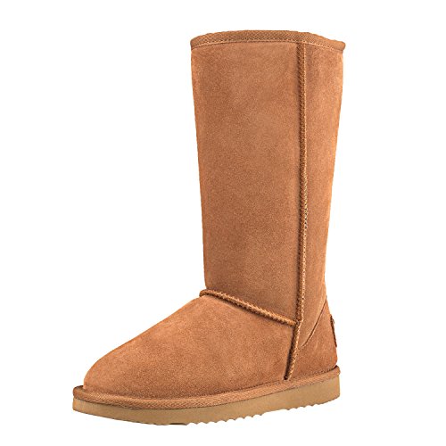 Shenduo Zapatos Invierno - Botas de Piel para Mujer de caña Alta Forradas Planas clásicas DA5815 Castaña 39