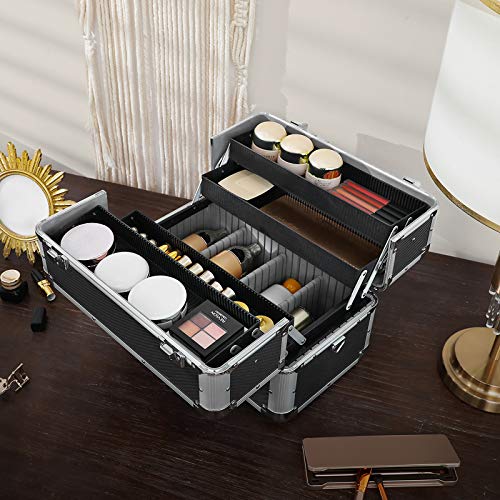 SONGMICS Maletín Moderno para Maquillajes, Caja de Belleza, con 4 Bandejas, Marco de Aluminio, Recubierto de ABS, 36 x 24 x 24 cm, Negro JBC228