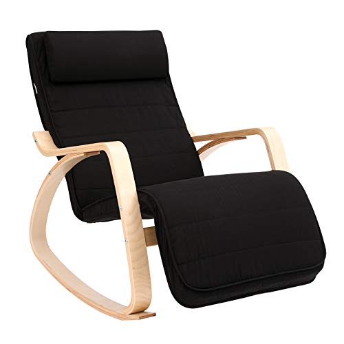 SONGMICS Silla Mecedora, Sillón Tumbona, Reposapiés Ajustable, Ideal para Sala de Estar, Estudio, Terraza, Funda Desmontable y Lavable, Capacidad de Carga de 150 kg, Negro LYY10BV1