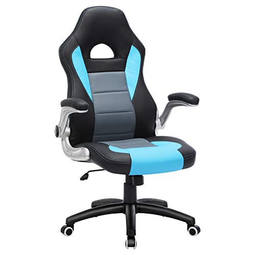 SONGMICS Silla Racing, Silla de Oficina Alta, con Altura Ajustable, Apoyabrazos Abatibles, Mecanismo de Inclinación, Silla para Juegos, Negro, Gris y Azul OBG28BU