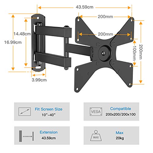 Soporte de Pared para TV, Base giratoria e inclinable Gira el Soporte de Pared para TV para televisores de 10 a 40 Pulgadas de hasta 20 kg, VESA máximo 200X200 mm