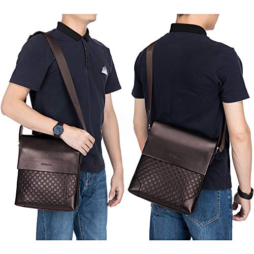 SPAHER Bolso Bandolera Cuero Hombre Piel Ipad Funda Messenger Bolsa Caballero Bolsa de negocios Crossbody Satchel Bolsa de viaje para vuelo Viaje Trabajo con ajustable Bandolera Marrón