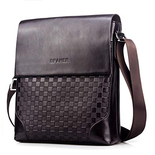 SPAHER Bolso Bandolera Cuero Hombre Piel Ipad Funda Messenger Bolsa Caballero Bolsa de negocios Crossbody Satchel Bolsa de viaje para vuelo Viaje Trabajo con ajustable Bandolera Marrón