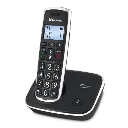 SPC Comfort Kaiser teléfono inalámbrico color negro con teclas y digitos grandes, compatible con audífonos, agenda de 20 nombres y números y manos libres