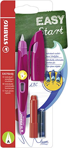 Stabilo EASYbirdy - Pluma escolar ergonómica para zurdos con plumín A para principiantes, color Color morado/rosa.