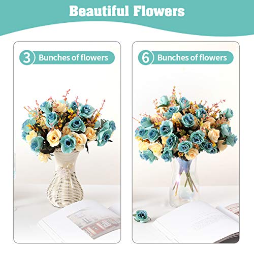 SUNNEGO Flores Artificiales,Flores Artificiales Decorativas Falsas Flores de Seda para el Ramo de Novia, Bodas,Rosas Azules Falsa decoración 6 Rama 12 Cabezas decoración (Azul, 3)