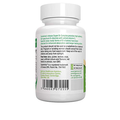 Super B-Complex - Complejo vitamínico B de alta concentración, con las 8 vitaminas B esenciales, metiladas y en forma bioactiva, incluso B6 & B12, además de vitamina C, vegan, 60 comprimidos