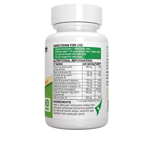 Super B-Complex - Complejo vitamínico B de alta concentración, con las 8 vitaminas B esenciales, metiladas y en forma bioactiva, incluso B6 & B12, además de vitamina C, vegan, 60 comprimidos