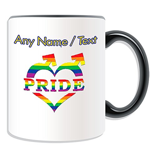 Taza de regalo personalizable, diseño de corazón masculino (color Homo Love), mensaje de cualquier nombre único, homosexual gay lesbiana arco iris bandera del orgullo desfile beso