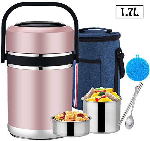 Termo Para Comida, Termo De Acero Inoxidable Para Alimentos, Con Bolsa De Transporte Y Cuchara, Beber Y Sopa De Los Niños Y Las Comidas De Adultos,Pink,1.7L