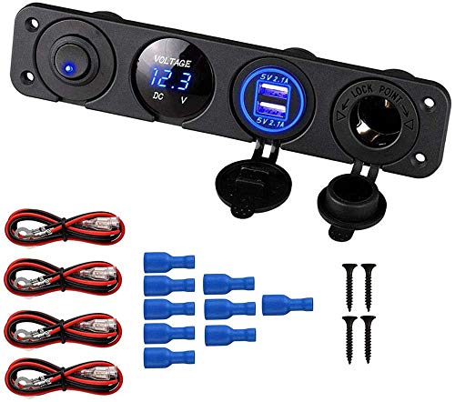 Thlevel Panel de Interruptores del Cargador de Coche, Enchufe del Cargador USB Dual de 12V + Encendedor de Cigarrillos + voltímetro LED Azul + Interruptor de Encendido y Apagado