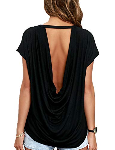 Top Blusa De Verano Manga Corta Espalda Descubierta Camiseta Túnica para Mujer Negro L