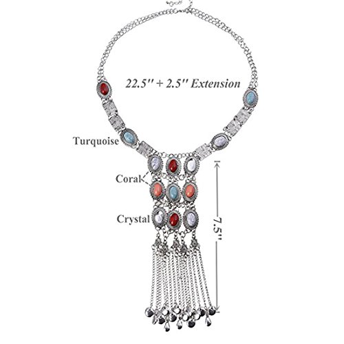 Tpocean Vintage Rhinestone Retro Plata Oro Turquesa Boho Largo Bohemio Declaración Ethnic Tribal Collar para Mujer