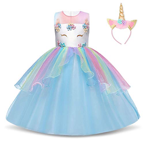 TTYAOVO Chicas Estrella Unicornio Fancy Vestido Princesa Flor Desfile de Niños Vestidos sin Mangas Volantes Vestido de Fiesta Talla 8-9 Años Azul